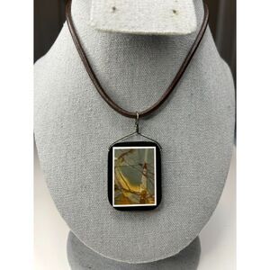 Red Creek Jasper Intarsia Inlay Focal Bead Pendant on Leather Cord Necklace